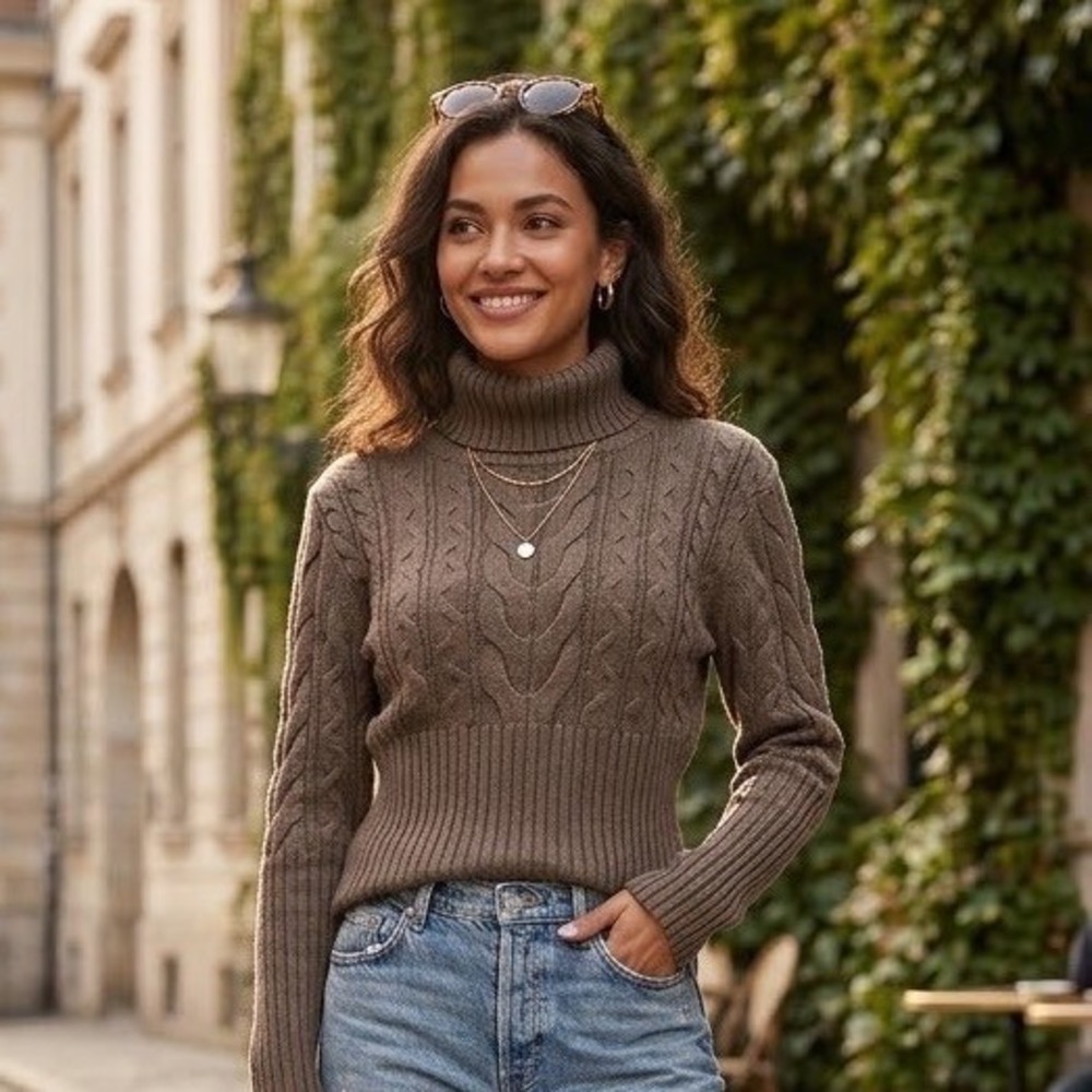 Y2K Axcess Taupe Brown Cable Knit Ribbed Turtleneck Sweater 100% Cotton Large